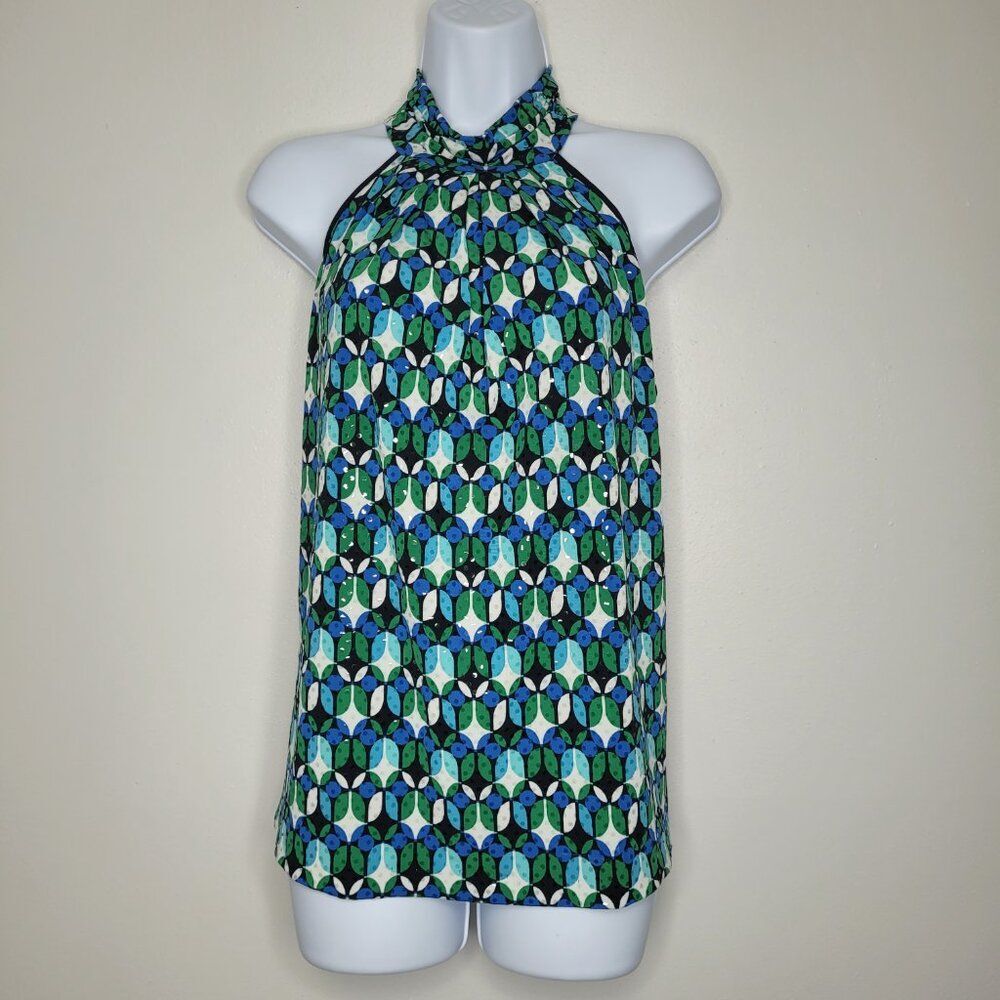 Vintage y2k J.T.B. green blue abstract geometric groovy print high neck top M